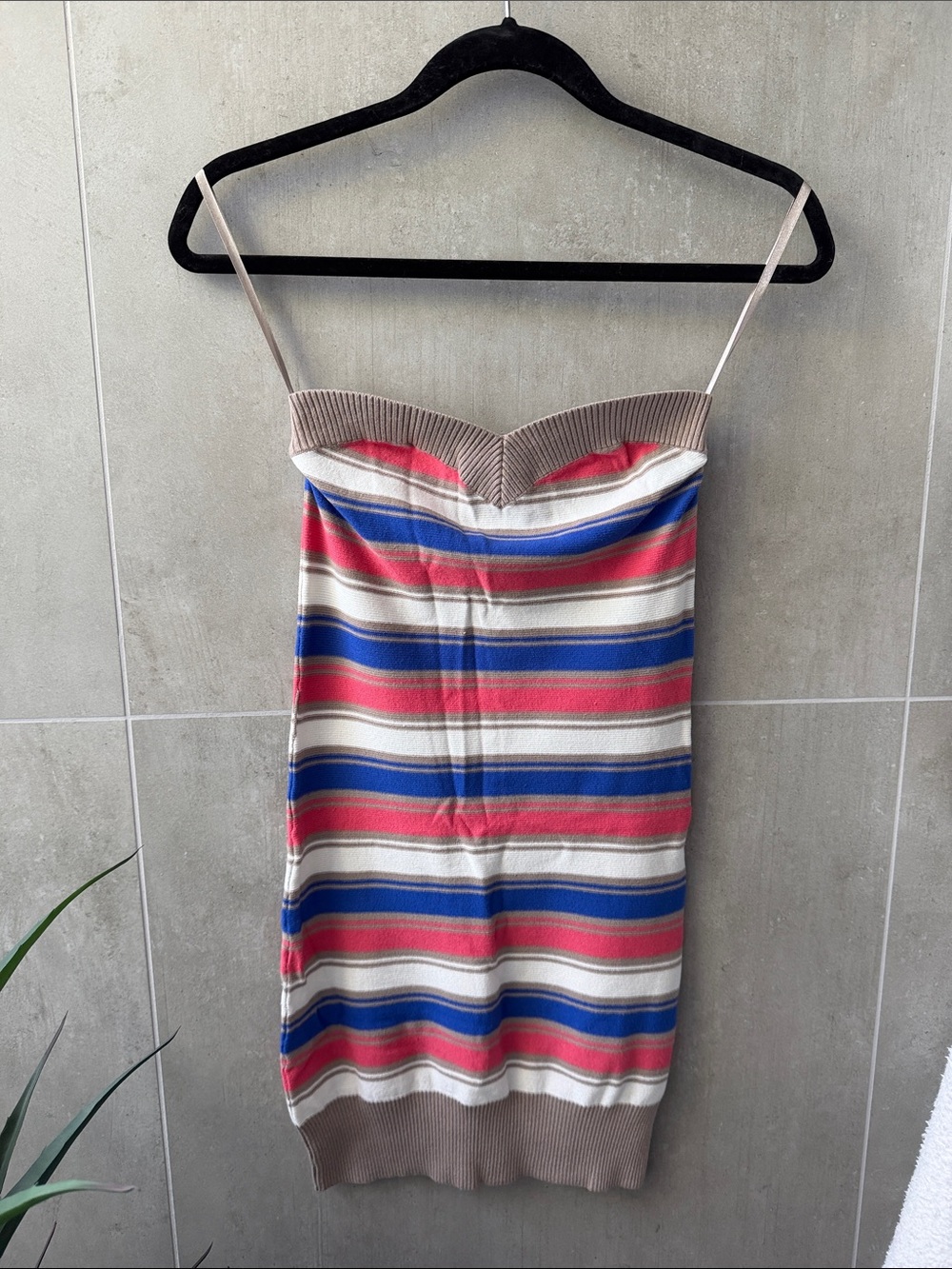 Striped Strapless Knit Dress in Taupe, Blue & Pink. Size: Medium!